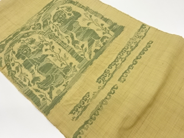 手織り紬人物に変わり横段・草葉模様織出し名古屋帯